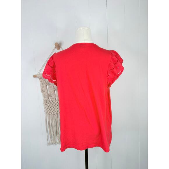 J. Crew Eyelet Flutter Sleeve Top Size Large Red Floral Crochet Cap Sleeve - Picture 4 of 7